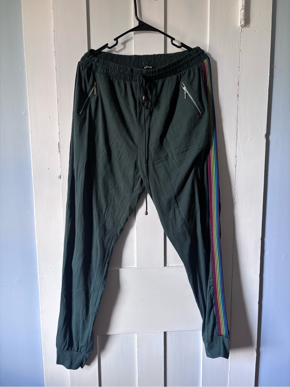 Dark Green Women's Track Joggers with Rainbow Side Stripe